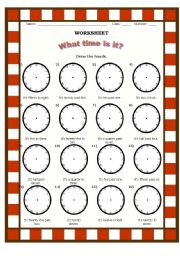 English Worksheet: WHAT TIME IS IT? DRAW THE HANDS #2