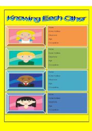 English worksheet: KNOWING EACH OTHER CARD