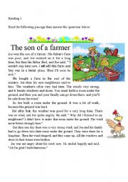English Worksheet: the son of the farmer reading activity or test