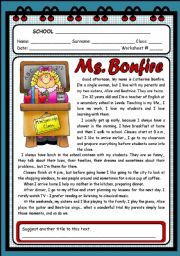 English Worksheet: MS. BONFIRE ( 2 PAGES )