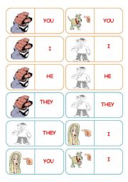 English Worksheet: Personal pronouns - 28 dominoes - 4 pages - instructions included - fully editable