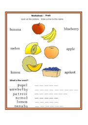 English worksheet: fruits