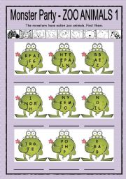 English Worksheet: Monster Party - zoo animals 1 + B/W + key