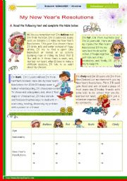 English Worksheet: The 1st 45-minute-lesson (of 2) on the topic New Year�s Resolutions -- Reading Comprehension for Upper Elementary and Lower intermediate students
