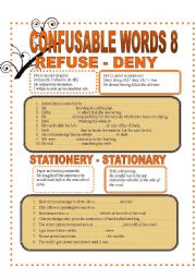 English Worksheet: CONFUSABLE WORDS 8- REFUSE-DENY-STATIONARY-STATIONERY -AMOUNT-NUMBER-WANDER-WONDER