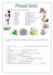 English Worksheet: Phrasal Verbs. Color and B/W version.