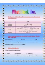 English Worksheet: physical description : what I look like.