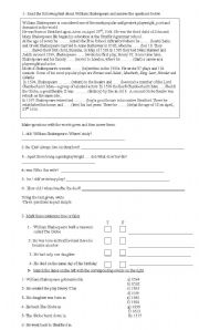 English Worksheet: Shakespeare reading comprehension plus activities