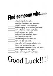 English worksheet: Find Someone Who....(Past Simple)