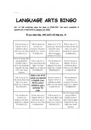 English worksheet: LANGUAGE ARTS BINGO