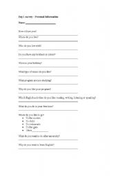 English worksheet: Day 1 Survey - Personal Information