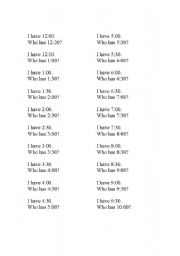 English Worksheet: I have Who has Time Game
