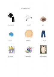 English worksheet: CLOTHES (pictures and words)
