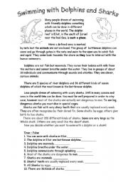 English Worksheet: Swimming with Dolphins and Sharks