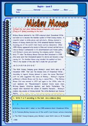 MICKEY MOUSE READING AND COMPREHENSION EXERCISES