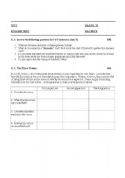 English worksheet: Macbeth: Questions about the play and an activity