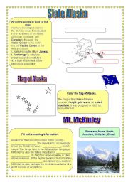 Alaska (Geography, cities, flag, mountain McKinley)