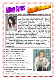 English Worksheet: Reading (Miley Cyrus - Hannah Montana)