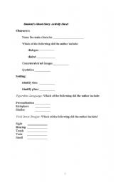 English worksheet: Short Story Activity Sheet