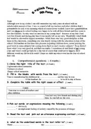 English Worksheet: 9th form test school, family relation, reading comprehension, language and writing