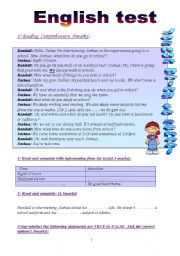 English Worksheet: English test: 3 parts (8th form end of term test 2):Reading Comprehension/Language:Grammar+Vocabulary/Writing