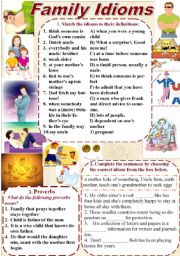 English Worksheet: Family Idioms and Proverbs (with KEYS)
