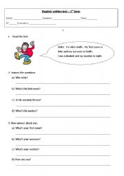 English Worksheet: English Test  5th Grade