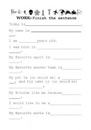 English Worksheet: Finish the question, present yourself