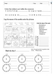 English Worksheet: TEST - SEASONS  - MONTHS  OF THE YEAR- DAYS OF THE WEEK  - TELL THE TIME - WHATS THE TIME
