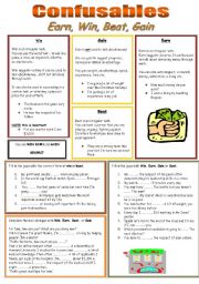 English Worksheet: Confusables, Earn, Win, Beat, Gain