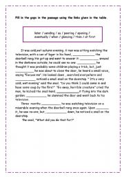 English Worksheet:  Events in a narrative: conjunctions,participles,adverbs