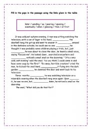 English worksheet:  Events in a narrative: conjunctions,participles,adverbs