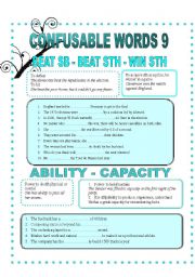 English Worksheet: CONFUSABLE WORDS 9-BEAT-WIN-ABILITY-CAPACITY-AVOID-PREET