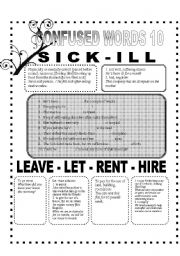 English Worksheet: CONFUSABLE WORDS 10 - SICK-ILL-LEAVE-LET-RENT-HIRE-DESSERT-DESERT