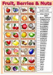 English Worksheet: FRUIT, BERRIES & NUTS!!! 32 items of VOCABULARY!!! With KEY!!!
