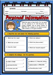 English Worksheet: PERSONAL INFORMATION