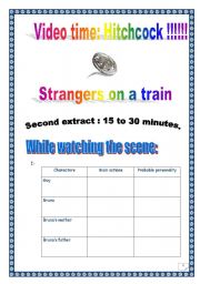 English Worksheet: Video time _ STRANGERS ON A TRAIN by HITCHCOCK - Extract #2 EASIER & Shorter version (8 tasks, 6 pages, KEY included)
