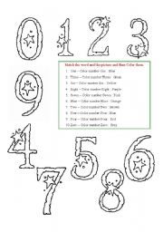 English Worksheet: Number star - Zero to Nine - Matching and Coloring
