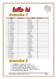 English Worksheet: 5 pages/58-word-table/more than 50 sentences to practice SUFFIX- FUL with a KEY