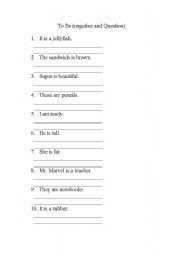 English worksheet: to be questions and negative