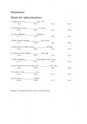 English Worksheet: Prerpositions - Elementary level test - Multiple choice