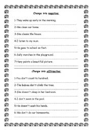 English Worksheet: change into negative/affirmative