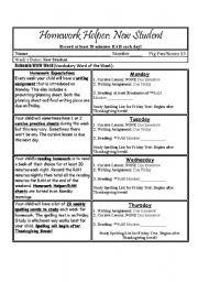 English Worksheet: Homework Planning Sheet