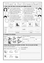 English Worksheet: Whats for Breakfast? - food, time, frequency (B&W)