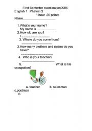 English worksheet: Primary 2 class English examination