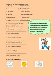 English worksheet: Present simple, clothes, weather, food