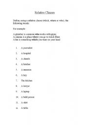 English worksheet: Relative Clauses - Who, Where, Which