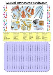 English Worksheet: Musical instruments wordsearch (plus b&w version and key)