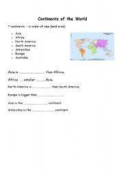 English worksheet: comparing the size of continents 