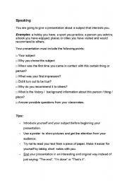 English Worksheet: Hand-out to help with (elementary) English presentations.